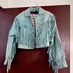 Turquoise Blue Suede Jacket with Western Fringe with matching Gloves